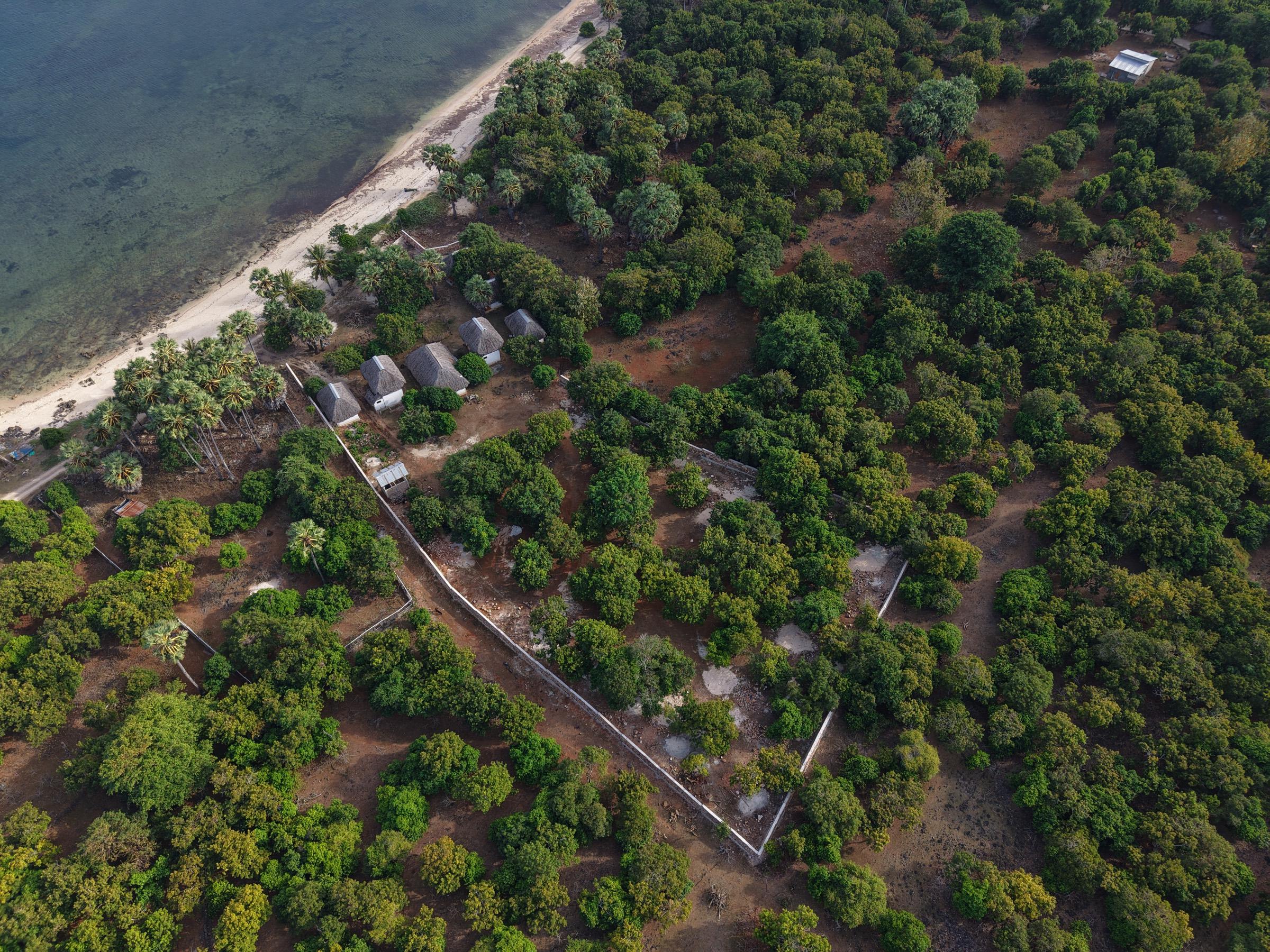 Aerial view of the plot showing the stone perimeter wall running down to the beach