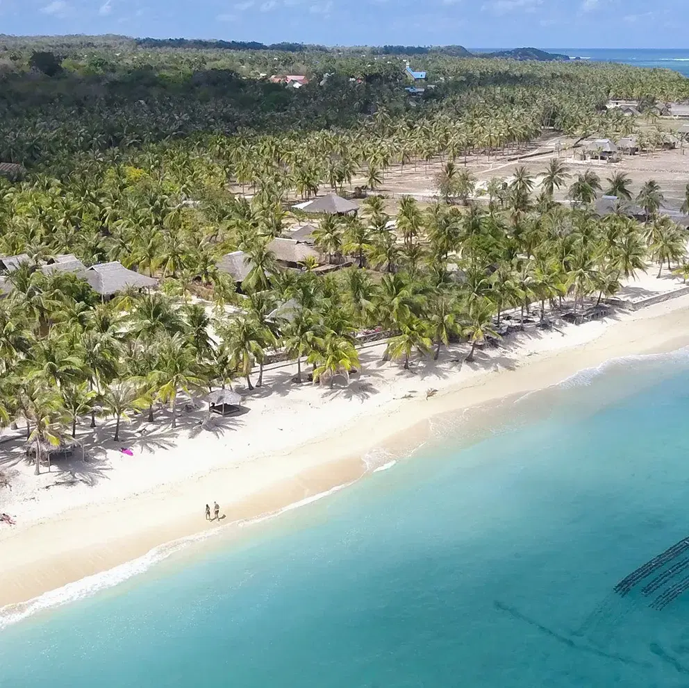 Thatched roofs under the palms along Nemberala beach, seaweed farms in the shallows